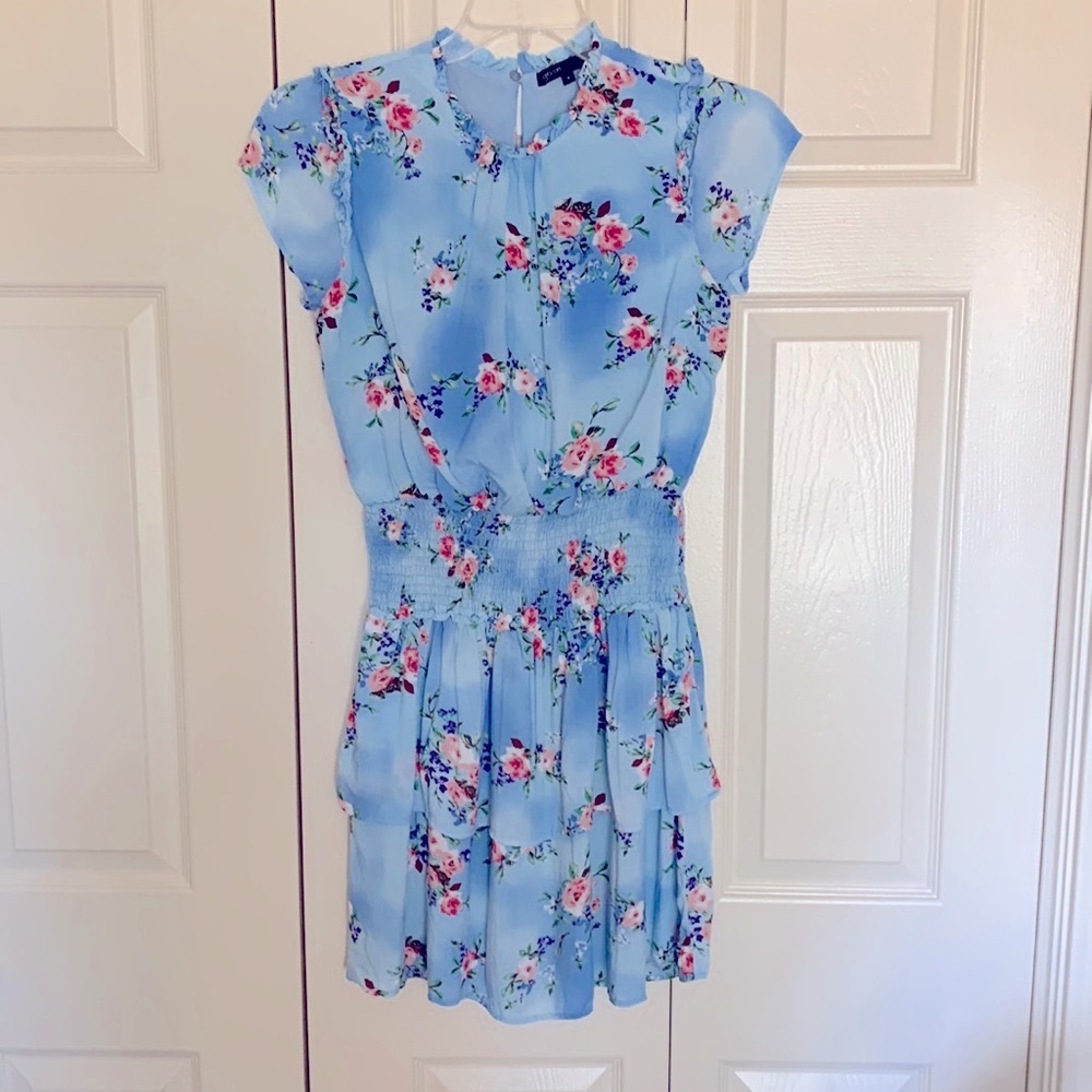 Gibson floral print dress, size S, smocked waist, layered bottom, blue/pink - Picture 3 of 6